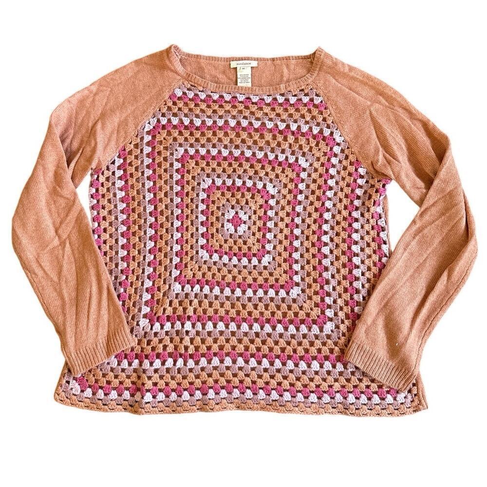 Women’s Sundance Granny Square Crochet Sweater Cottage Orange Wool Alpaca Medium